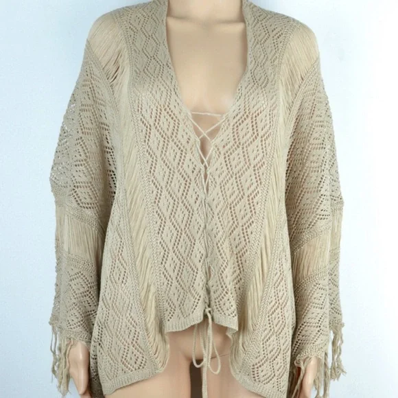 SOLD OUT Khaki Boho Fringe Crochet Knit One Size Top - Picture 7 of 7